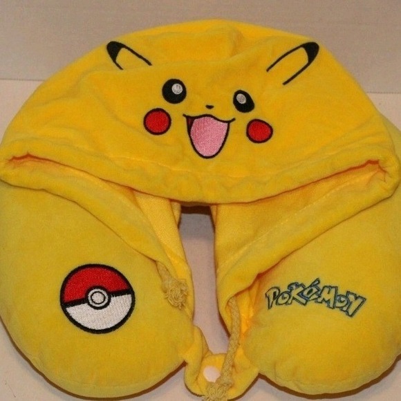 Pokemon Other - Pokemon Pikachu Hooded Neck Pillow 90sYellow Plush Travel Support Pokeball Logo